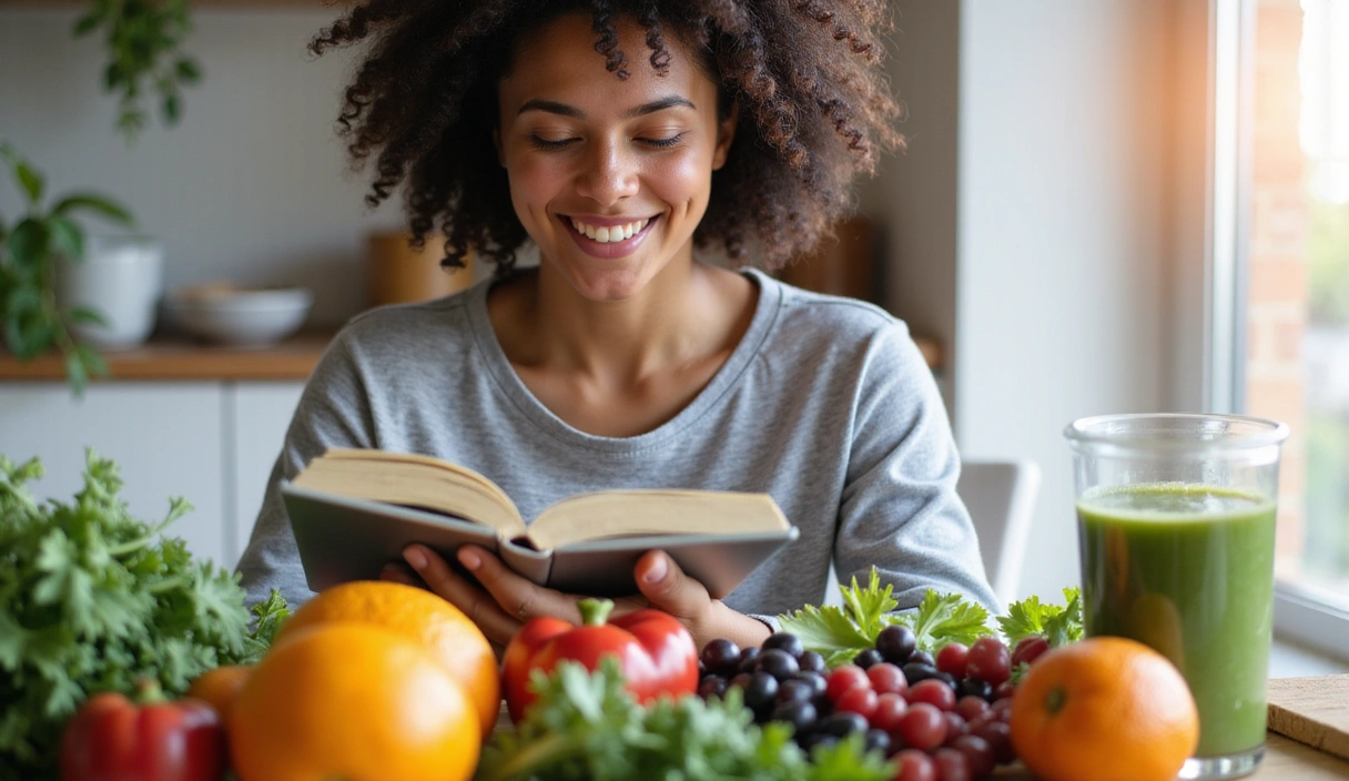 Una persona sonriendo mientras lee un libro o tableta con alimentos saludables como frutas, verduras y un batido en el fondo, simbolizando el aprendizaje y un estilo de vida saludable.