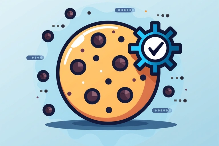 Ilustración de una galleta digital con chips de datos y un icono de configuración, representando las cookies y su gestión.