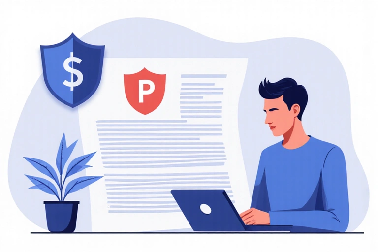 Ilustración de una persona leyendo un documento de privacidad con un escudo de protección de datos.