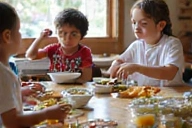 Grupo de niños participando en actividad de alimentación saludable