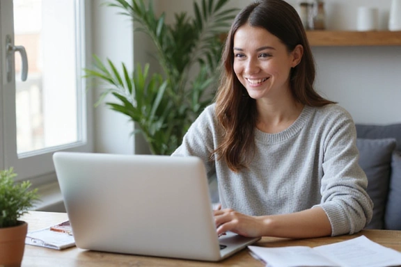 Mujer en videollamada sonriendo, representando una consulta nutricional online