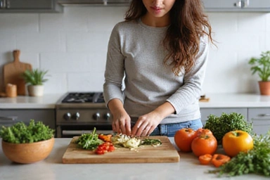 Persona cocinando una comida saludable en una cocina moderna