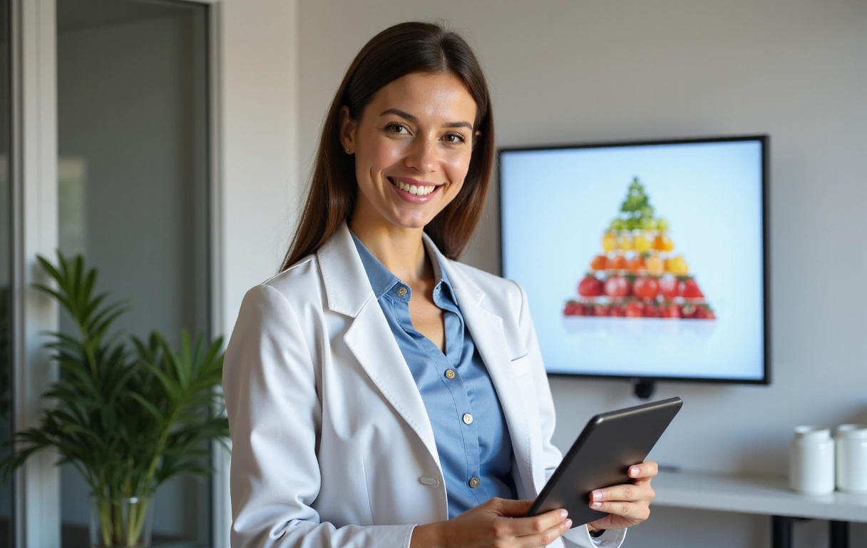 Nutricionista sonriente en oficina moderna y limpia